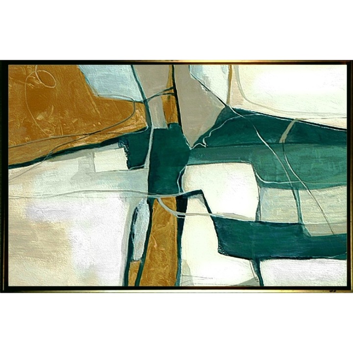 Tablou abstract pictat manual, Pictura in cutit ulei pe panza, Textura impasto, Verde Cupru Alb, 150x100cm