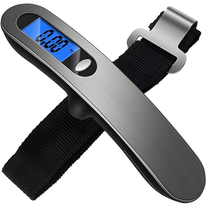 Преносим дигитален кантар за багаж с LCD дисплей, 50 кг, черно-сребрист