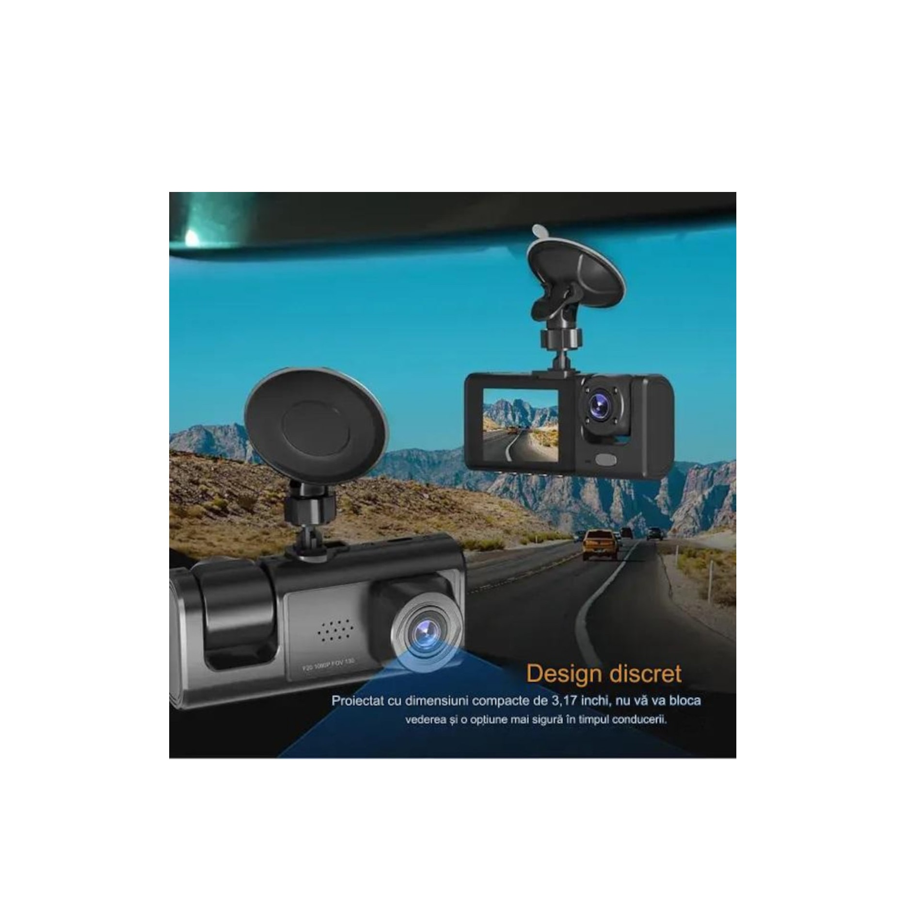 Camera Auto De Bord DVR Qeno® TRIO Camera High PRO Full HD 1080P, 3  Lentile, Camp Vizual Ultra-Larg De 170°, IPS Display 2″, Night Vision,  Inregistrare Dubla, Loop Recording, G-sensor, Detectare Miscare