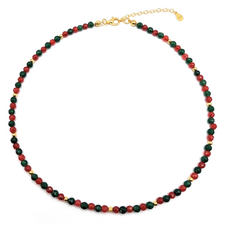 Colier handmade, ajustabil, din argint 925, Lexy's Boutique, pietre semipretioase jad si agat, placata aur 24k, multicolor, max. 46.50 cm