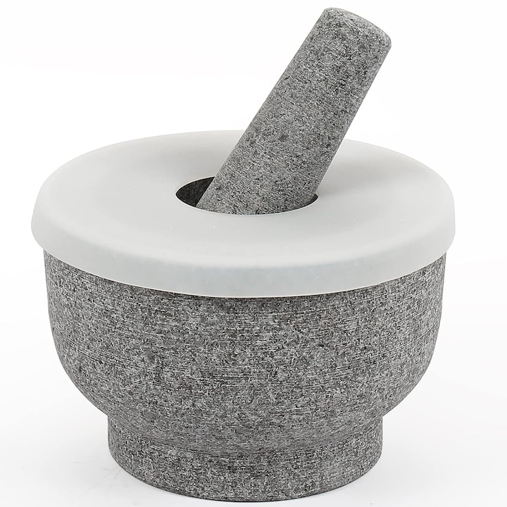 Mojar si pistil de granit, cu capac de silicon, 15 x 10 cm, 400 ml, gri