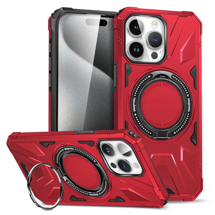 Защитен калъф с магнитна стойка, CRISTALIS SALE™ с държач за пръстен, Antishock, Magsafe, за iPhone 14 Pro Max / Червен