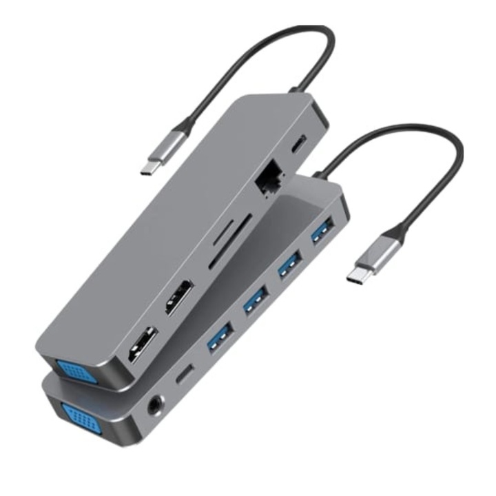 Хъб 13 в 1 4k USB Type-C адаптер, CRISTALIS SALE™, Multiport, 2xUSB3.0, 1xHDMI 4k, 2xMicro SD, 1xUSB2.0, 1xUSB C данни, 1xUSB C PD, 2xHDMI 4k, 1xVGA, 1x3.5 жак, микрофон , 1xRJ45, 2xMicro SD, сребрист