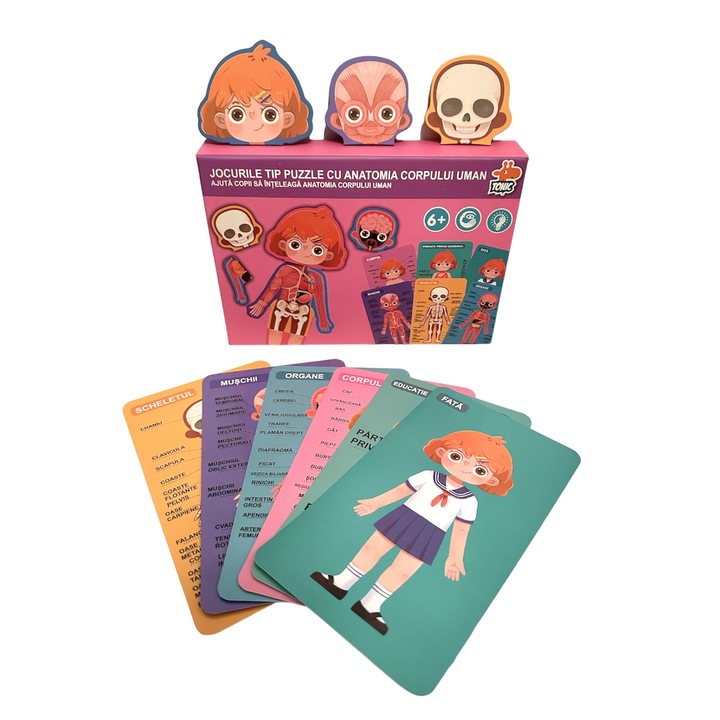 Puzzle educativ din lemn, anatomia corpului uman, fata, in romana si engleza, 30 de piese, multicolor, pentru copii peste 6 ani