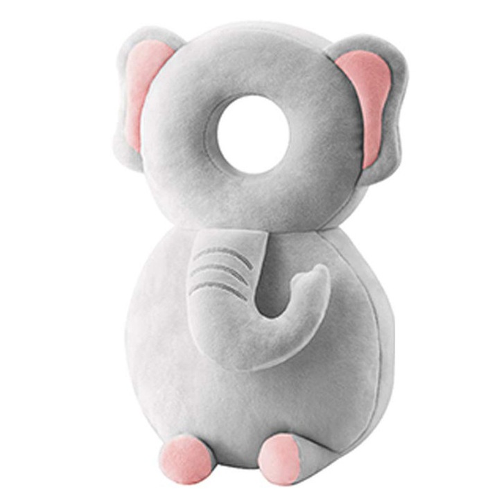 Párna a baba fejének védelmére, Ronyes®, állítható, 0-3 éves korig, elefántok, szürke