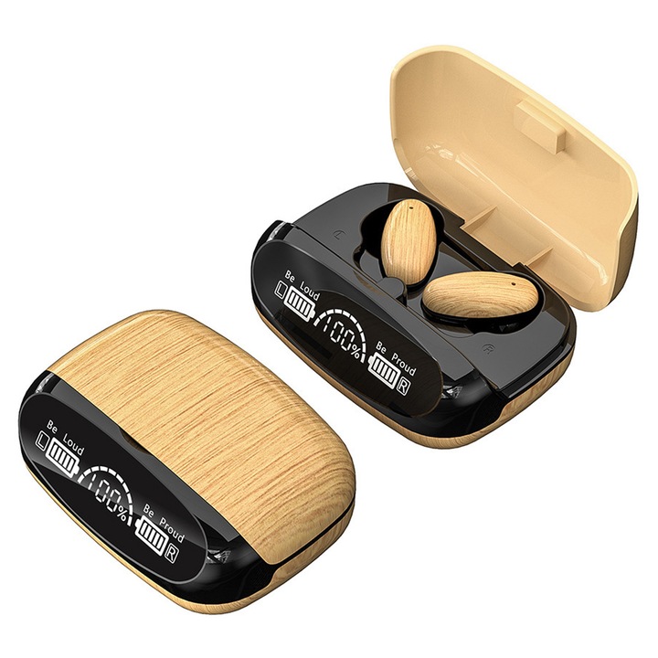 Vezeték nélküli Bluetooth 5.2 fülhallgató, vintage fa, fél-in-ear, IPX6, HiFi sztereó, AI zajcsökkentés