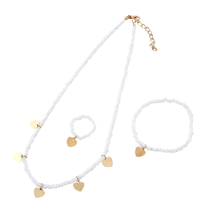 Set bijuterii dama, colier, bratara si inel, margele albe, multime marimi