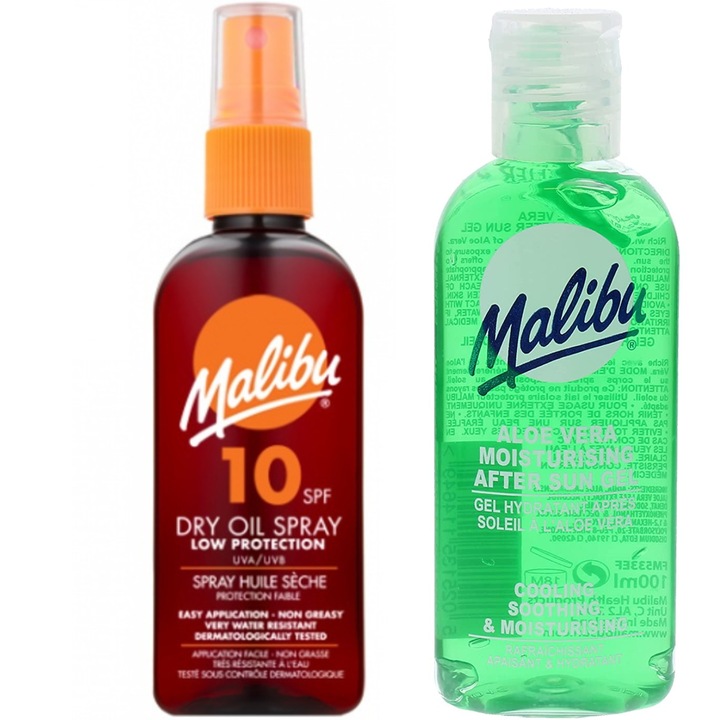 Malibu naptej olaj SPF10 100ml + aloe vera gél 100ml szett, alacsony védelem, normál bőrre