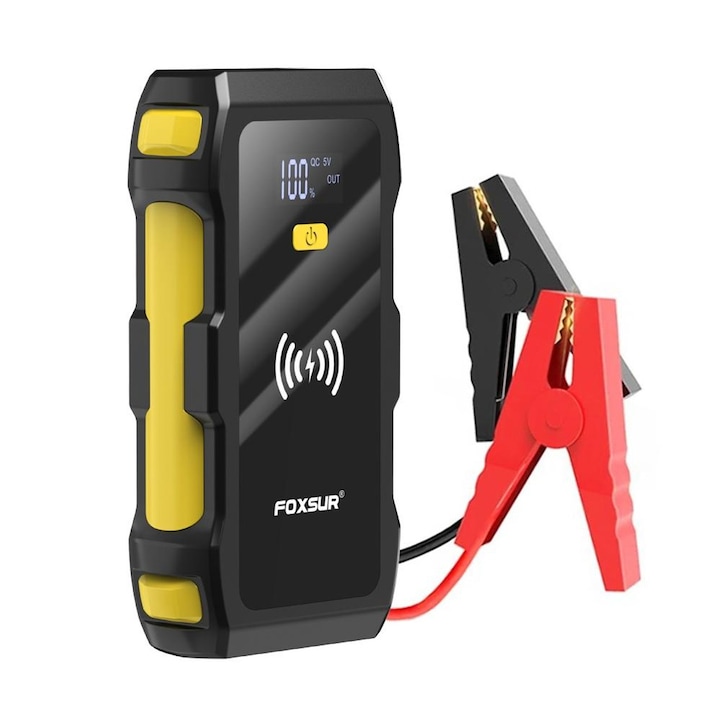 Starter auto multifunctional Foxsur, 12V, 1200A, 39800 mAh, functie baterie externa, incarcare wireless 10W, lanterna LED, portabil, 2 porturi USB, port tip C