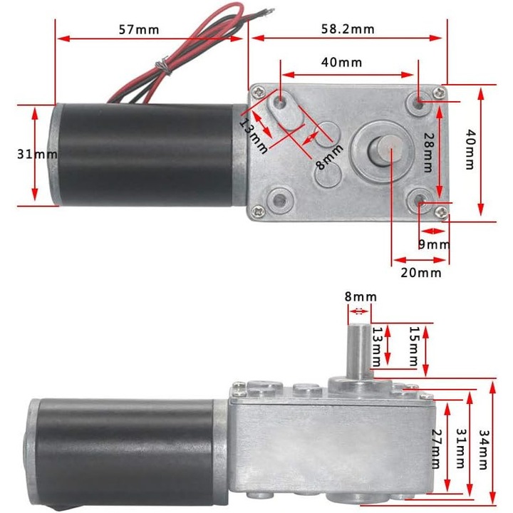 Motor cu angrenaj melcat, Jormftte, 24 V, 31 mm, Angrenaj 8 mm, 10 rpm, Negru/Gri