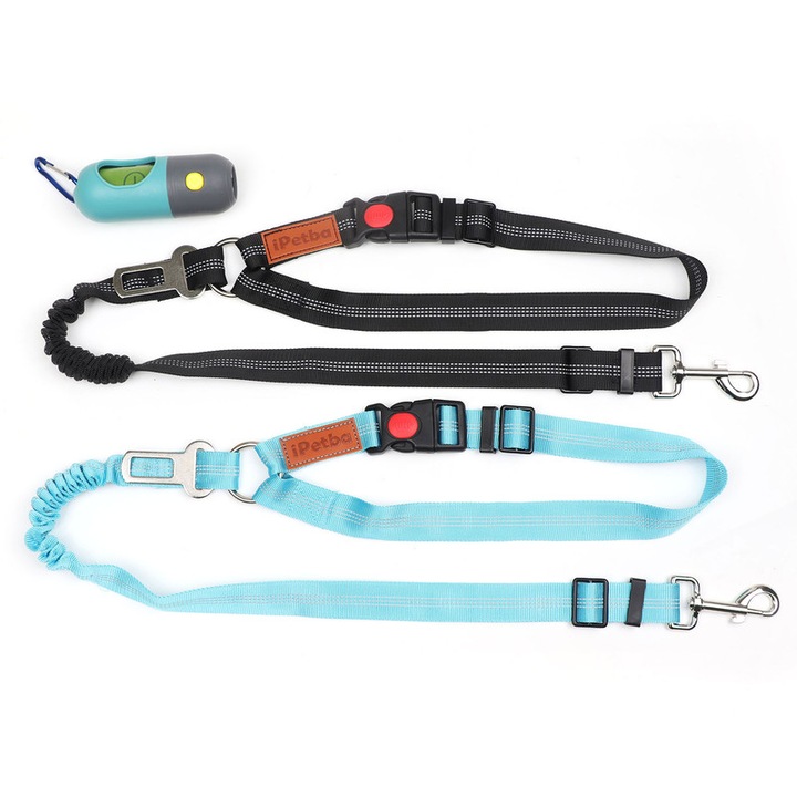 2 db póráz/kiskutya ürülékes zacskó adagoló készlet, iPetba, állítható, kék/fekete