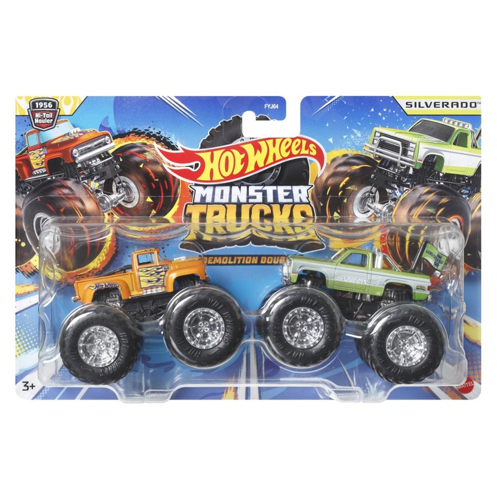 Комплект 2 колички Hot Wheels Monster Trucks - Hi-Tail Hauler и Silverado, 1:64