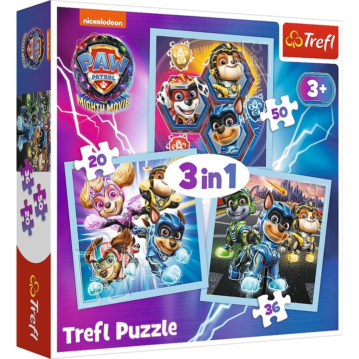 Пъзел Trefl 3 в 1 - Paw Patrol, Силата на кученцата, 20/36/50 части
