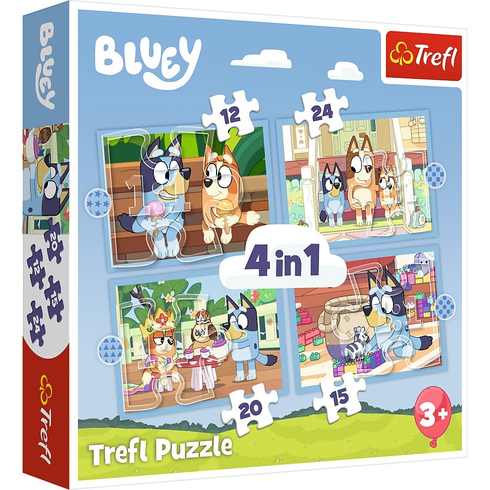 Puzzle Trefl 4 in 1 - Bluey, Lumea lui Bluey, 12/15/20/24 piese