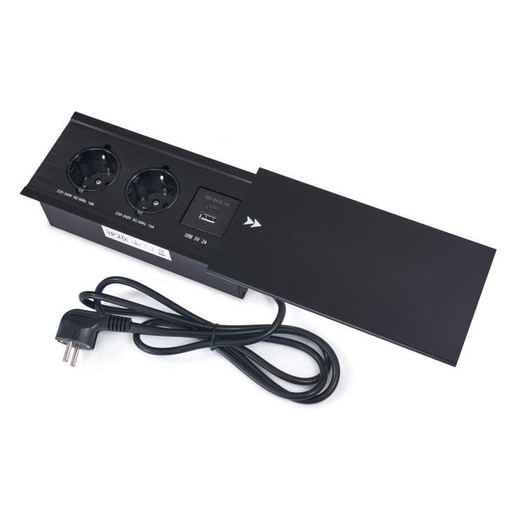 Разпределител за вграждане в бюро, Koloreno, захранваща лента с 2 гнезда, 250V, черен