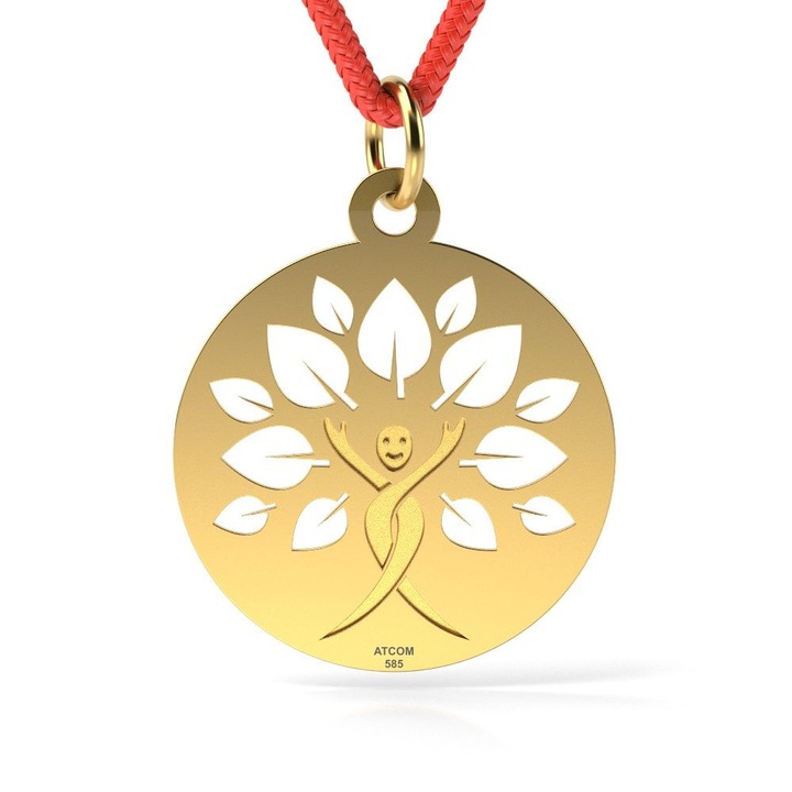 Pandantiv din aur galben cu snur model Copacul vietii cu chip
