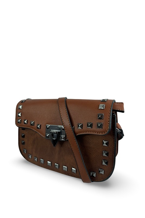 Geanta dama crossbody de piele ecologica cu tinte si inchidere magnet, 23x15x7 cm, maro
