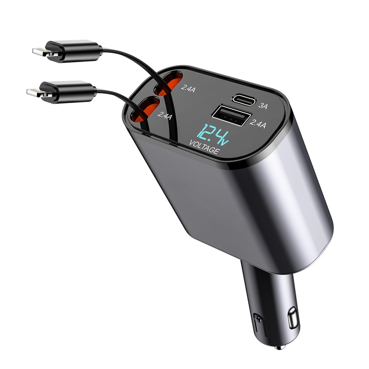 VENTLEX 4 в 1 прибиращо се бързо зарядно за кола, цифров дисплей за напрежение, дизайн с два прибиращи се кабела Apple и два USB и USB-C изходни порта, сиво-черно