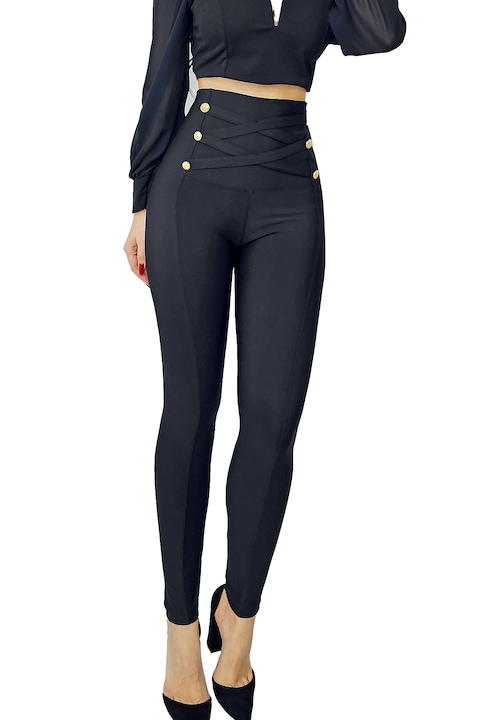 Еластичен панталон Pietro, с висока талия и декоративни копчета, Черен