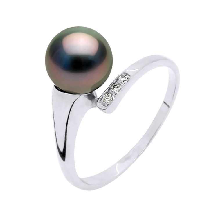 Inel din aur alb cu perle negre de Tahiti si diamante 0,020