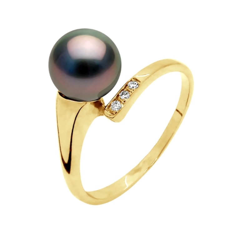 Inel din aur galben cu perle negre de Tahiti si diamante