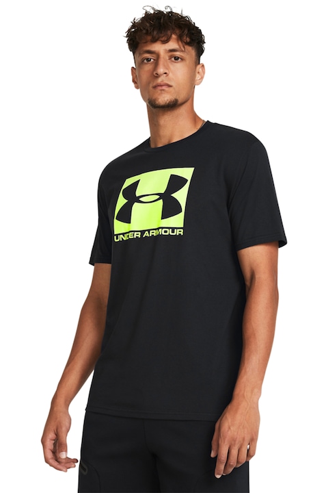 Under Armour, Тениска за фитнес Boxed с лого, Неоново зелено/Черен