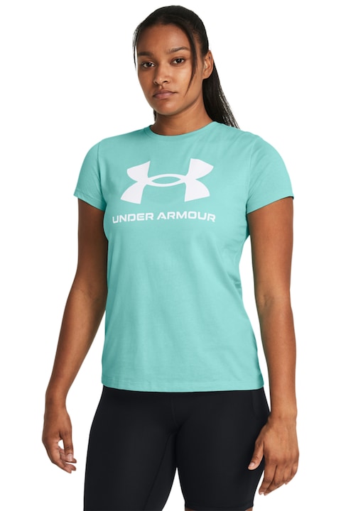 Under Armour, Фитнес тениска Sportstyle Rival с лого, Бледозелен/Мръснобял