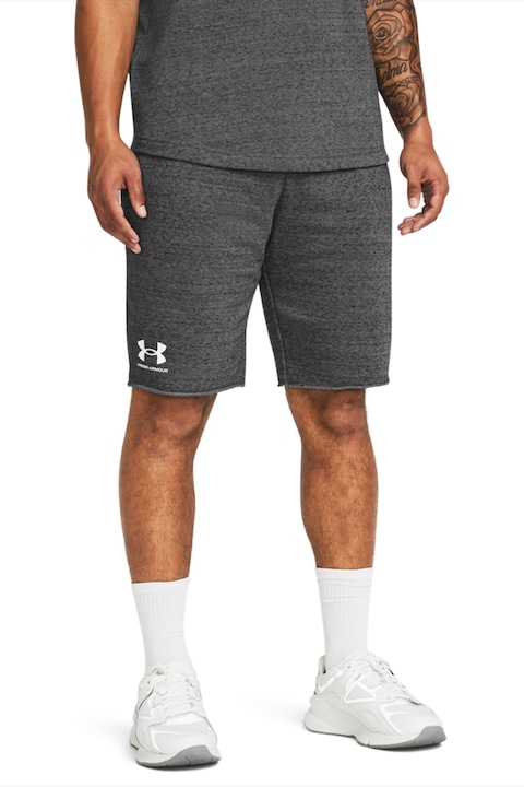 Under Armour, Pantaloni scurti din material terry, pentru fitness Rival, Alb/Gri melange