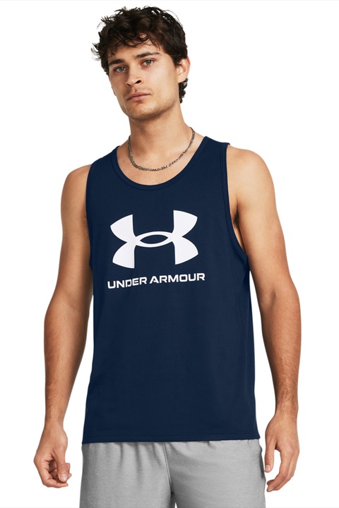 Under Armour, Top cu imprimeu logo, pentru antrenament Sportstyle, Alb/Albastru inchis