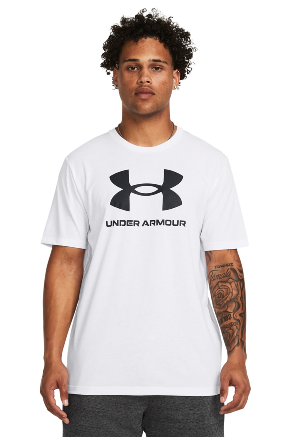 Under Armour, Tricou lejer cu imprimeu logo, Negru, Alb murdar, 2XL