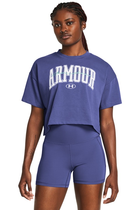 Under Armour, Tricou crop cu imprimeu logo, pentru fitness, Violet deschis