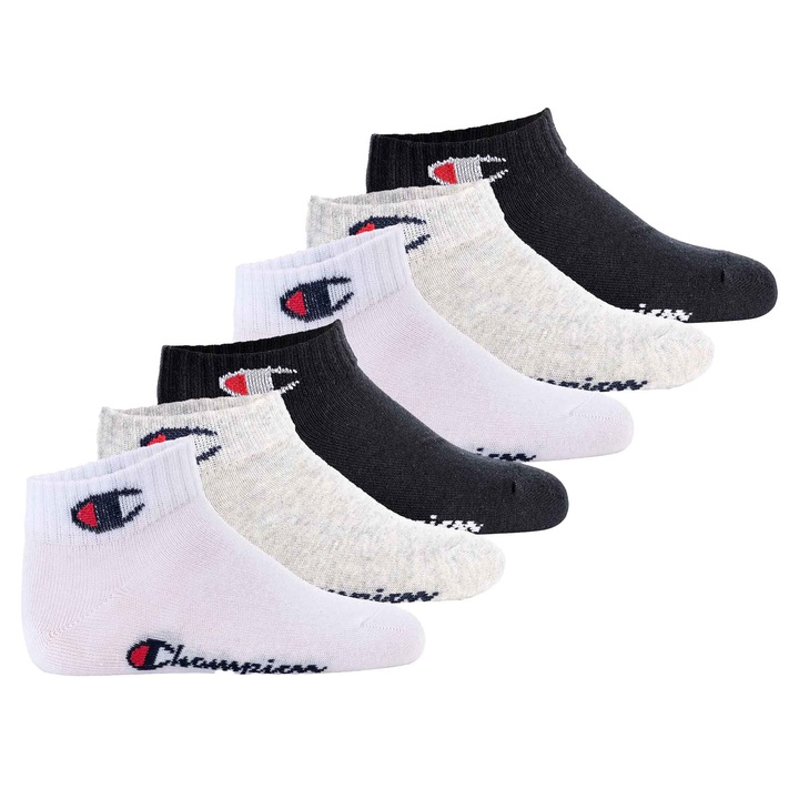 Champion, Къси чорапи с лого - 6 чифта, Бял/Черен/Сив, 27-30 EU