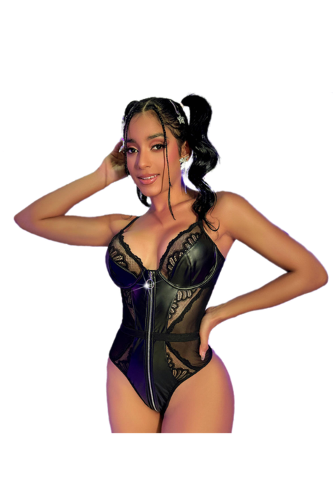 Szexi body elöl cipzárral, átlátszó hálóval