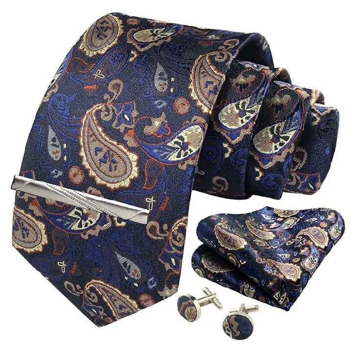 Set elegant de cravata, JENUOS®, Paisley, Cu batista si ac, 2 butoni, Cu cutie cadou, Mov/Auriu