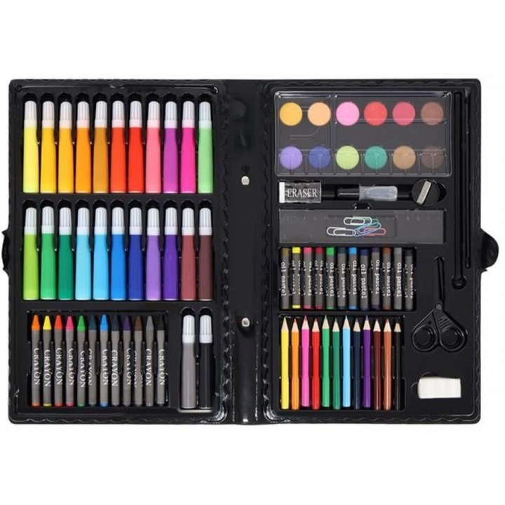 Set profesional de creioane colorate cu accesorii de pictura si desen pentru copii 3 ani +, compus din 86 piese