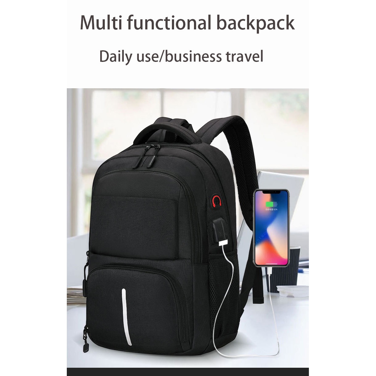 Rucsac laptop, zhuoqiao, Textil, USB, Negru