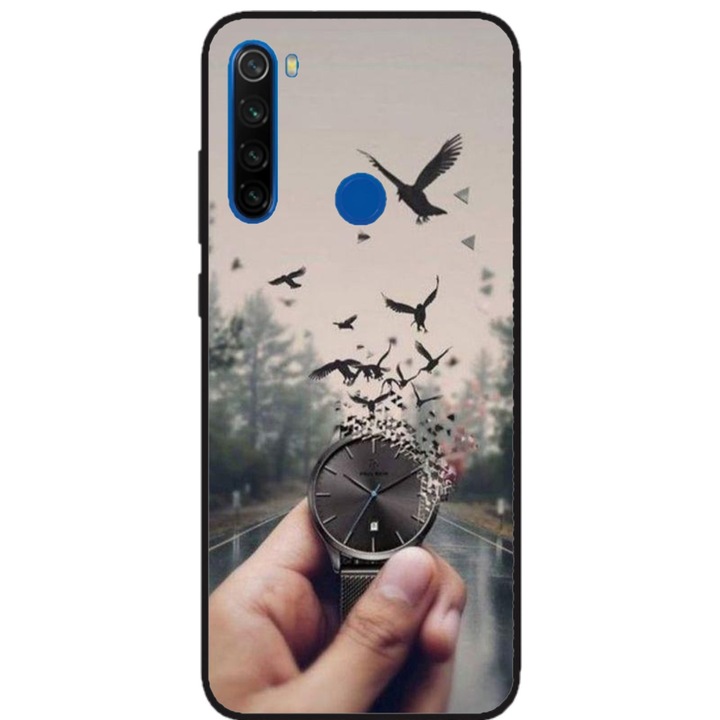 Husa personalizata HQPrint si Folie de Silicon pentru Xiaomi Redmi Note 8, model Time Flies #2, multicolor, S1D1M0365
