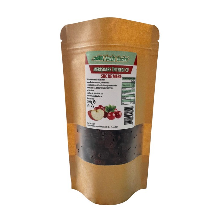 Merisoare deshidratate 200g – indulcite natural cu suc de mere, fara zahar adaugat – ambalaj SmartZip resigilabil