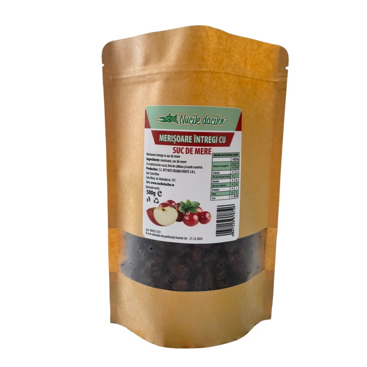 Merisoare deshidratate 500g – indulcite natural cu suc de mere, fara zahar adaugat – ambalaj SmartZip resigilabil