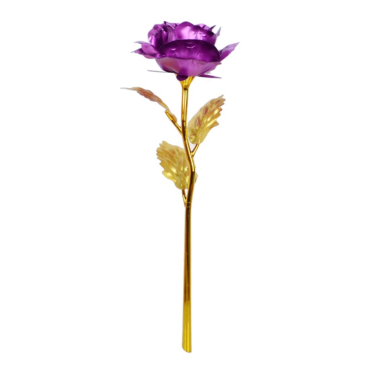 Örök rózsa, 24K, Aranyozott, Műanyag szöveges állvánnyal, "Love", Elegáns doboz, Arany/lila