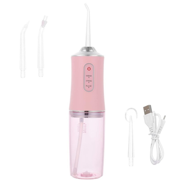 Szájöblítő fogak számára, hordozható vezeték nélküli, 230 ml-es, 360°-ban forgó fogászati IPX7 vízálló, 4 USB-sugaras hegyekkel, újratölthető otthonra és utazásra, rózsaszín