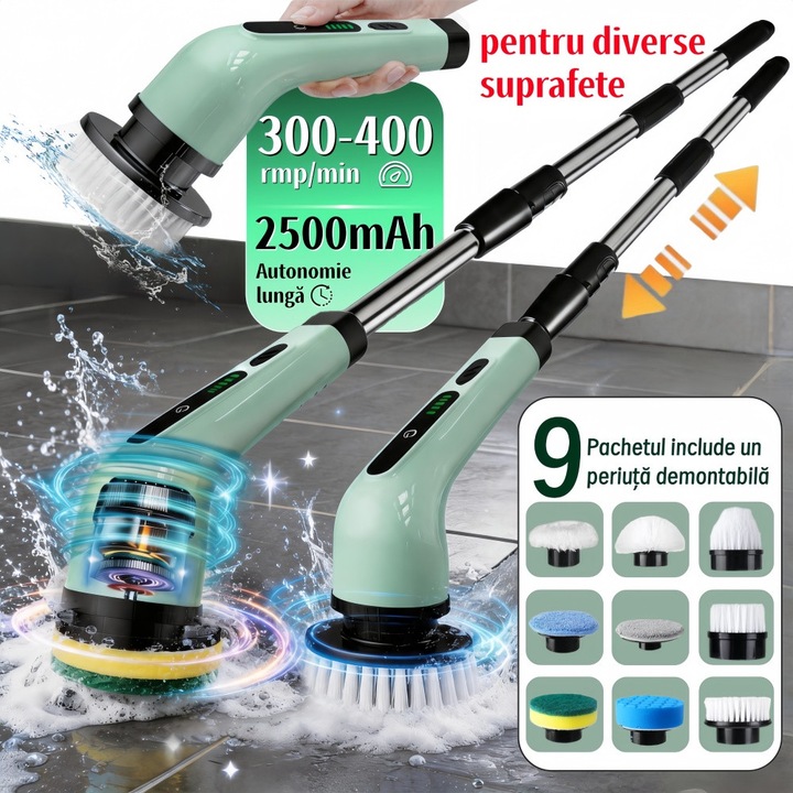 Perie electrica rotativa pentru curatare eficienta fara efort, maner extensibil, multifunctionala fara fir, baterie cu incarcare USB tip C, 2500mAh, pentru diverse suprafete, cu 9 capete detasabile, 300 - 400 Rotatii pe Minut, Verde, EXCITAT ®