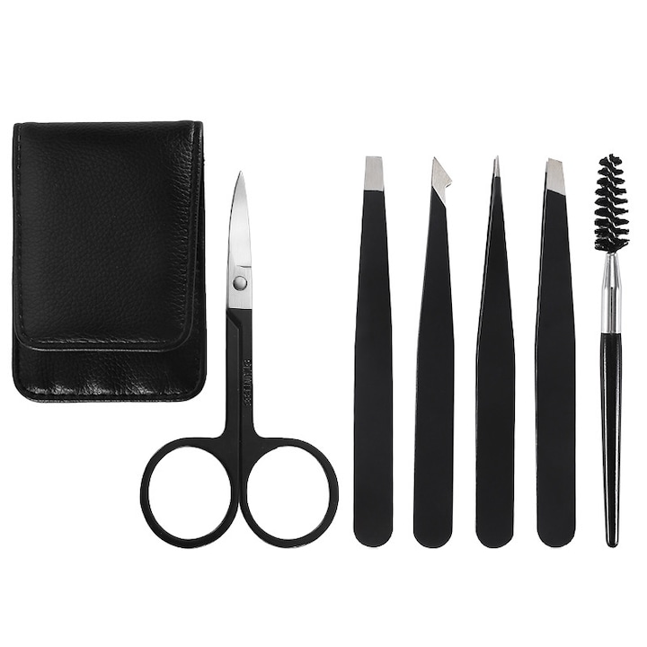 Комплект козметични пинсети, 6 части, с извита ножица и четка за мигли, екологична кожа, черни