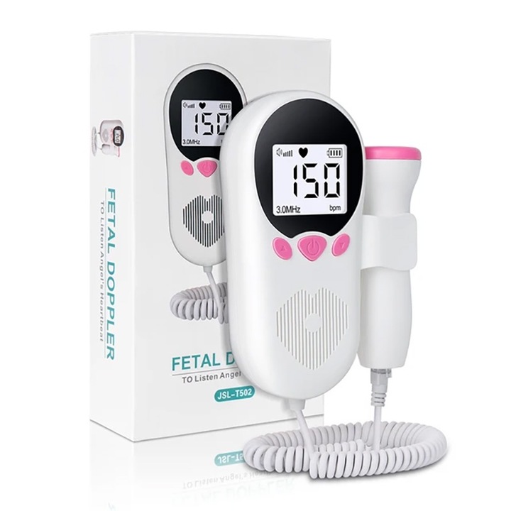 Magzati Doppler monitor terhes nőknek, magzati életfunkciók monitorozása, pulzusérzékelés, LCD, fehér/rózsaszín