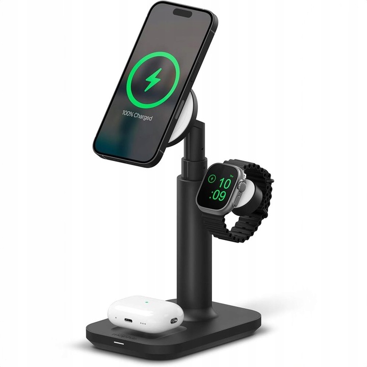 Statie de incarcare 3in1, Mophie, Qi/MagSafe, Aluminiu/Otel, Negru