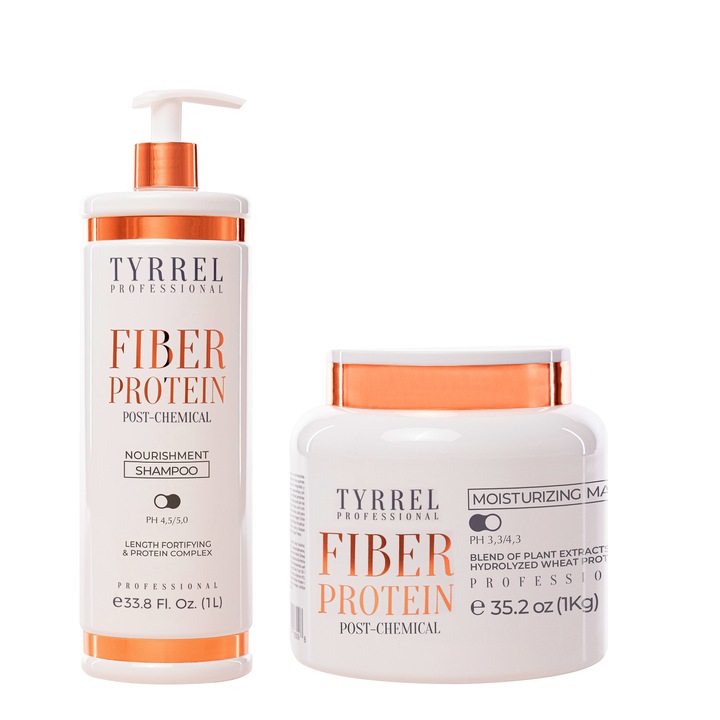 Ultra hidratáló és erősítő sampon és hidratáló maszk szett - Tyrrel Fibre Protein 2 x 1KG, alkalmas szőrtelenítés, festés vagy keratinnal történő egyenesítés után is