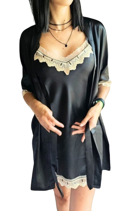 Halat dama satinat Berlin cu neglijeu 2 piese Negru - L