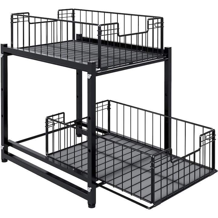 Raft depozitare universal, Quasar & Co.®, cu 2 compartimente, glisant, multifunctional, etajat, 35 x 28 x 31 cm, metal, negru