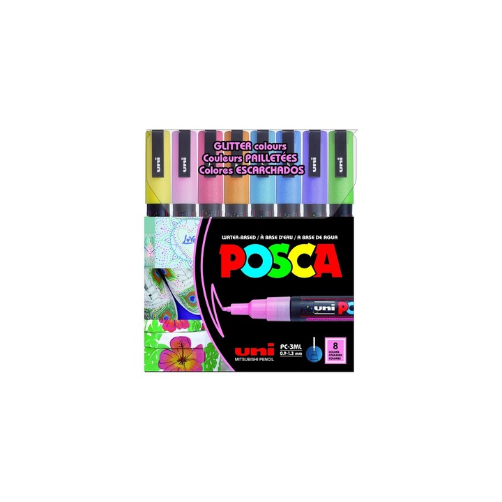 Комплект от 8 маркера Posca, блестящи цветове, PC-3ML, писалка с фин връх