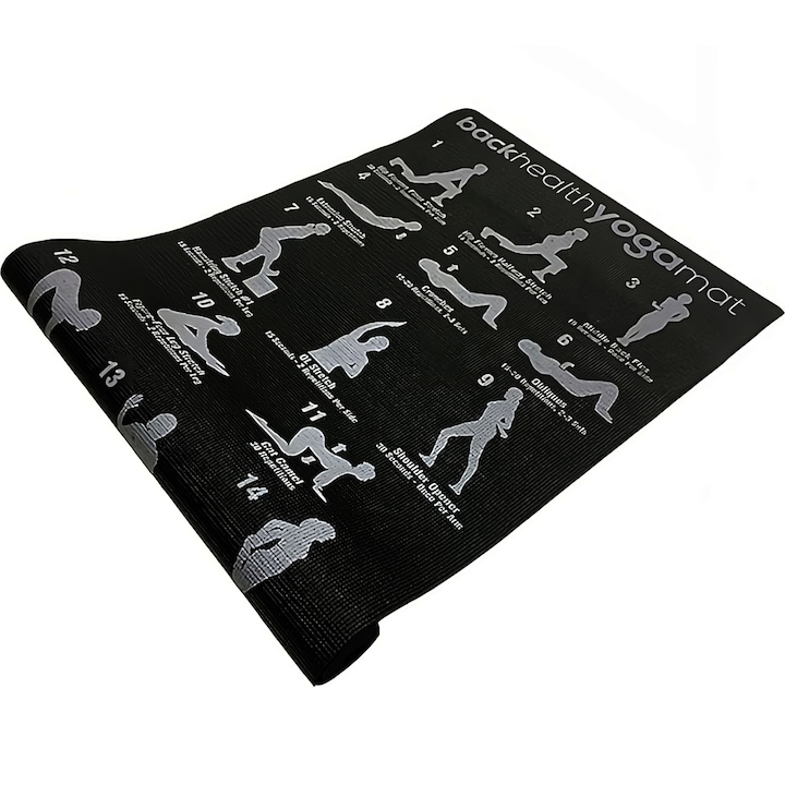 Jóga/Pilates/Fitness szőnyeg 28 jógapozíció-illusztrációval, 173x61x0,3 cm, fekete-fehér